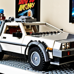 **LEGO Ideas DeLorean:** A highly detailed LEGO model of the DeLorean time machine from "Back to the Future," displayed on a shelf with a backdrop of a movie poster.