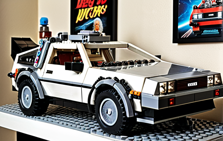 **LEGO Ideas DeLorean:** A highly detailed LEGO model of the DeLorean time machine from "Back to the Future," displayed on a shelf with a backdrop of a movie poster.